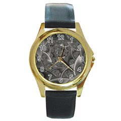 Fractal Black Ribbon Spirals Round Gold Metal Watch by Nexatart