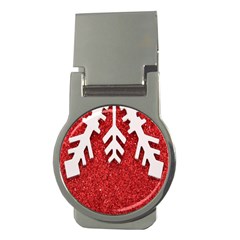 Macro Photo Of Snowflake On Red Glittery Paper Money Clips (round)  by Nexatart