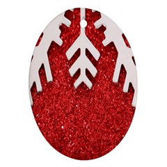 Macro Photo Of Snowflake On Red Glittery Paper Oval Ornament (two Sides)