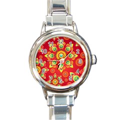 Red And Orange Floral Geometric Pattern Round Italian Charm Watch by LovelyDesigns4U