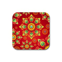 Red And Orange Floral Geometric Pattern Rubber Square Coaster (4 Pack)  by LovelyDesigns4U