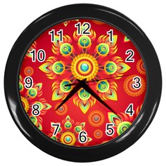 Red And Orange Floral Geometric Pattern Wall Clocks (black) by LovelyDesigns4U