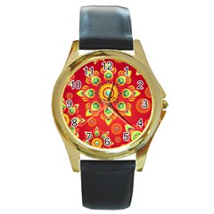 Red And Orange Floral Geometric Pattern Round Gold Metal Watch by LovelyDesigns4U