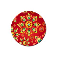 Red And Orange Floral Geometric Pattern Rubber Coaster (round) 