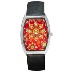 Red And Orange Floral Geometric Pattern Barrel Style Metal Watch by LovelyDesigns4U