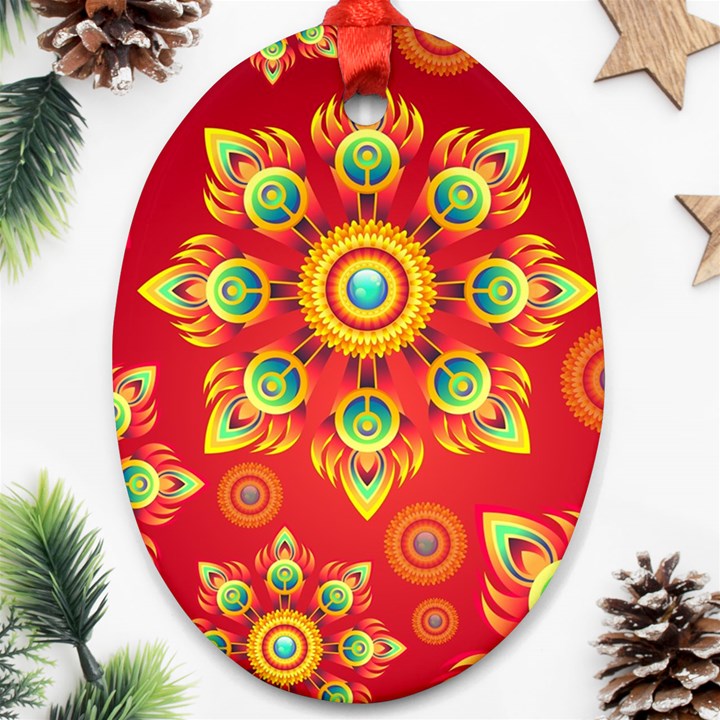 Red and Orange Floral Geometric Pattern Oval Ornament (Two Sides)