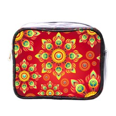 Red And Orange Floral Geometric Pattern Mini Toiletries Bags by LovelyDesigns4U