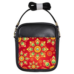 Red And Orange Floral Geometric Pattern Girls Sling Bags by LovelyDesigns4U