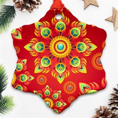 Red And Orange Floral Geometric Pattern Ornament (snowflake) by LovelyDesigns4U