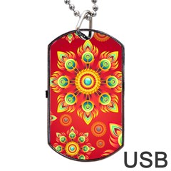 Red And Orange Floral Geometric Pattern Dog Tag Usb Flash (two Sides) by LovelyDesigns4U