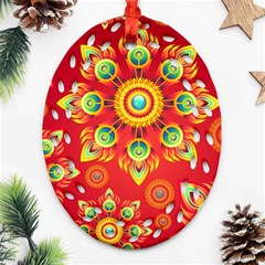 Red And Orange Floral Geometric Pattern Oval Filigree Ornament (two Sides)