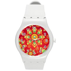 Red And Orange Floral Geometric Pattern Round Plastic Sport Watch (m) by LovelyDesigns4U