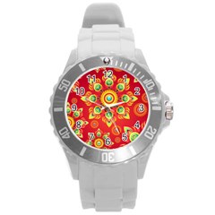 Red And Orange Floral Geometric Pattern Round Plastic Sport Watch (l) by LovelyDesigns4U