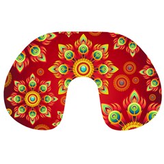 Red And Orange Floral Geometric Pattern Travel Neck Pillows by LovelyDesigns4U