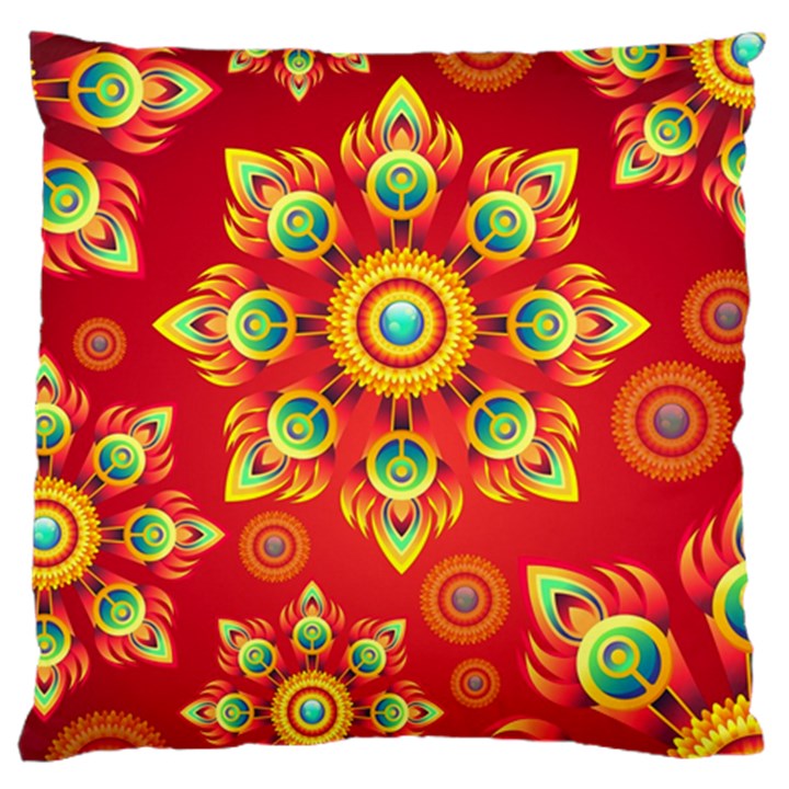 Red and Orange Floral Geometric Pattern Large Flano Cushion Case (One Side)