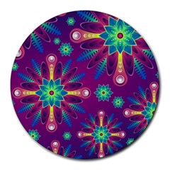 Purple And Green Floral Geometric Pattern Round Mousepads by LovelyDesigns4U