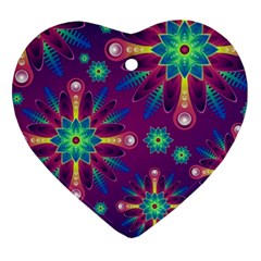 Purple And Green Floral Geometric Pattern Ornament (heart)