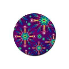 Purple And Green Floral Geometric Pattern Rubber Coaster (round)  by LovelyDesigns4U