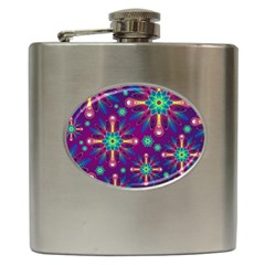 Purple And Green Floral Geometric Pattern Hip Flask (6 Oz) by LovelyDesigns4U