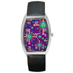 Purple And Green Floral Geometric Pattern Barrel Style Metal Watch by LovelyDesigns4U