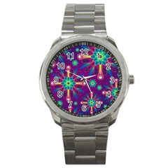 Purple And Green Floral Geometric Pattern Sport Metal Watch by LovelyDesigns4U