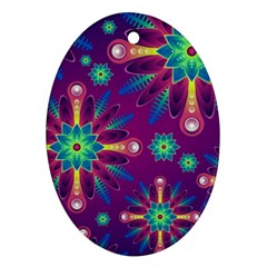 Purple And Green Floral Geometric Pattern Oval Ornament (two Sides)