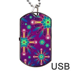 Purple And Green Floral Geometric Pattern Dog Tag Usb Flash (two Sides) by LovelyDesigns4U