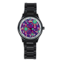 Purple And Green Floral Geometric Pattern Stainless Steel Round Watch by LovelyDesigns4U