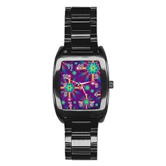 Purple And Green Floral Geometric Pattern Stainless Steel Barrel Watch by LovelyDesigns4U