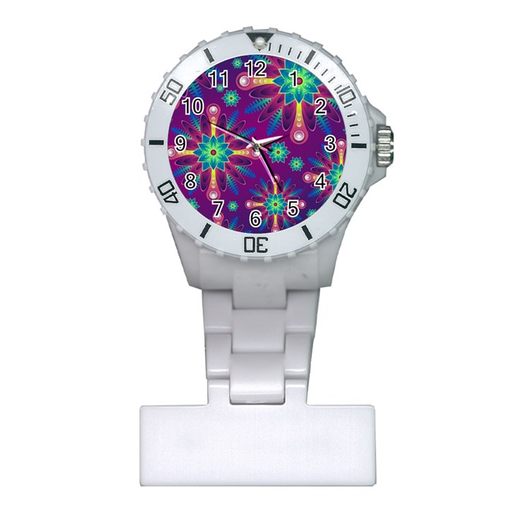 Purple and Green Floral Geometric Pattern Plastic Nurses Watch