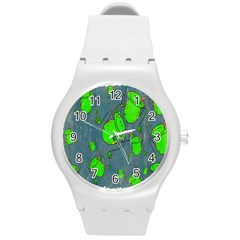 Cartoon Grunge Frog Wallpaper Background Round Plastic Sport Watch (m) by Nexatart