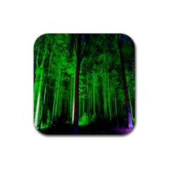 Spooky Forest With Illuminated Trees Rubber Coaster (square)  by Nexatart