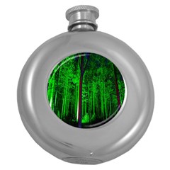 Spooky Forest With Illuminated Trees Round Hip Flask (5 Oz) by Nexatart