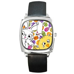 Easter Bunny And Chick  Square Metal Watch by Valentinaart