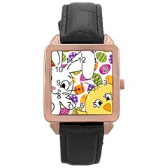 Easter Bunny And Chick  Rose Gold Leather Watch  by Valentinaart