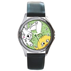 Easter Bunny And Chick  Round Metal Watch by Valentinaart