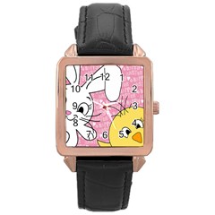 Easter Bunny And Chick  Rose Gold Leather Watch  by Valentinaart