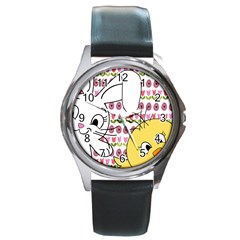 Easter Bunny And Chick  Round Metal Watch by Valentinaart