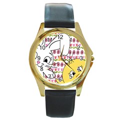 Easter Bunny And Chick  Round Gold Metal Watch by Valentinaart