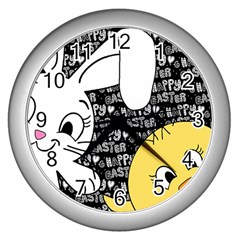 Easter Bunny And Chick  Wall Clocks (silver)  by Valentinaart