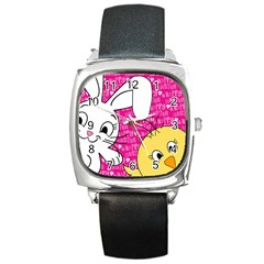 Easter Bunny And Chick  Square Metal Watch by Valentinaart