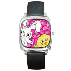 Easter Bunny And Chick  Square Metal Watch by Valentinaart