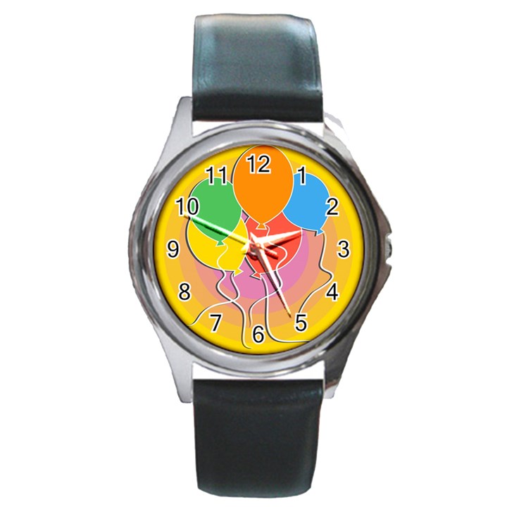 Birthday Party Balloons Colourful Cartoon Illustration Of A Bunch Of Party Balloon Round Metal Watch