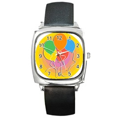 Birthday Party Balloons Colourful Cartoon Illustration Of A Bunch Of Party Balloon Square Metal Watch by Nexatart