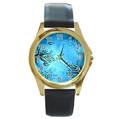 Blue Night Portrait Background Round Gold Metal Watch by Nexatart