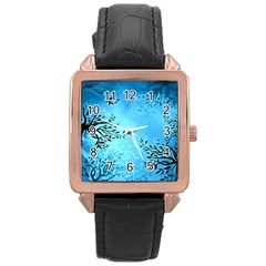 Blue Night Portrait Background Rose Gold Leather Watch  by Nexatart