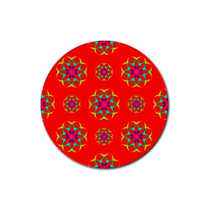 Rainbow Colors Geometric Circles Seamless Pattern On Red Background Rubber Round Coaster (4 pack) 