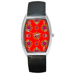 Rainbow Colors Geometric Circles Seamless Pattern On Red Background Barrel Style Metal Watch by Nexatart