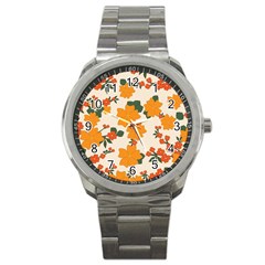 Vintage Floral Wallpaper Background In Shades Of Orange Sport Metal Watch by Nexatart