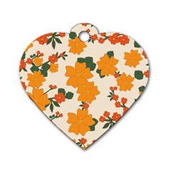 Vintage Floral Wallpaper Background In Shades Of Orange Dog Tag Heart (one Side) by Nexatart